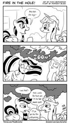 Size: 1320x2328 | Tagged: safe, artist:pony-berserker, imported from derpibooru, applejack, twilight sparkle, alicorn, earth pony, pony, applejack's hat, cowboy hat, duo, duo female, female, fire, hat, implied rainbow dash, mare, monochrome, pony-berserker's twitter sketches, smoke, the implications are horrible, this will end in pain, twilight sparkle (alicorn), zoom