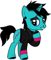 Size: 956x1112 | Tagged: safe, artist:lightningbolt, derpibooru exclusive, imported from derpibooru, pony, unicorn, .svg available, as it is, clothes, ear piercing, earring, eyeliner, eyeshadow, hoof on chest, hoof polish, horn, horn piercing, jacket, jewelry, lidded eyes, lip bite, looking at you, makeup, male, nose piercing, painted horn, patty walters, piercing, ponified, raised hoof, shirt, show accurate, simple background, solo, stallion, svg, tattoo, transparent background, undershirt, vector