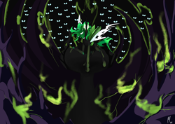 Size: 3508x2480 | Tagged: safe, artist:mekblue, imported from derpibooru, queen chrysalis, changeling, changeling queen, creepy, eyes in the dark, female, green changeling, hive, menacing, throne, throne room