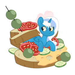 Size: 1024x1024 | Tagged: safe, artist:riofluttershy, imported from derpibooru, oc, oc only, oc:fleurbelle, alicorn, alicorn oc, bow, cheese, cucumber, female, food, hair bow, horn, mare, olive, sandwich, simple background, solo, tomato, white background, wings