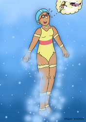 Size: 1024x1449 | Tagged: safe, artist:sparkbolt3020, imported from derpibooru, princess skystar, human, mermaid, my little pony: the movie, clothes, goggles, humanized, solo, story in the source, swimming, swimsuit, thought bubble, transformation, transformation sequence, underwater, water