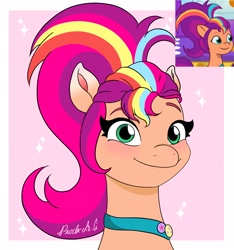 Size: 1920x2048 | Tagged: safe, artist:pearl a.g, imported from derpibooru, sunny starscout, earth pony, pony, spoiler:g5, spoiler:my little pony: tell your tale, spoiler:tyts01e05, alternate hairstyle, bust, female, g5, looking at you, mane melody, mane stripe sunny, mare, my little pony: tell your tale, ponytail, screencap reference, smiling, solo