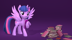 Size: 3840x2160 | Tagged: safe, artist:cutthroadstreak, imported from derpibooru, twilight sparkle, alicorn, 3d, book, looking at you, pile of books, purple background, revamped ponies, simple background, smiling, solo, source filmmaker, standing, twilight sparkle (alicorn)