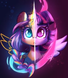 Size: 1804x2048 | Tagged: safe, artist:sakukitty, imported from derpibooru, part of a set, sunny starscout, twilight sparkle, alicorn, earth pony, pony, bust, duo, eyebrows, eyebrows visible through hair, female, g4, g5, looking at you, my little pony: a new generation, portrait, race swap, spread wings, sunnycorn, twilight sparkle (alicorn), two sides, wings