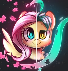 Size: 2321x2406 | Tagged: safe, artist:sakukitty, imported from derpibooru, part of a set, fluttershy, hitch trailblazer, earth pony, pegasus, pony, abstract background, bust, duo, eyebrows, eyebrows visible through hair, female, g4, g5, looking at you, male, portrait, smiling, spread wings, two sides, wings