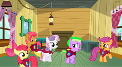 Size: 1539x855 | Tagged: safe, artist:swiftgaiathebrony, imported from derpibooru, apple bloom, babs seed, scootaloo, spike, sweetie belle, earth pony, pegasus, pony, unicorn, cape, clothes, clubhouse, cmc cape, crusaders clubhouse, cutie mark crusaders, female, filly, foal, ponified, ponified spike, rule 63, species swap, treehouse