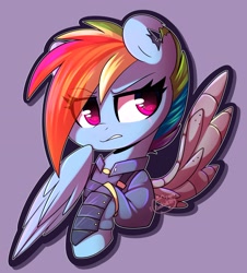 Size: 2690x2975 | Tagged: safe, artist:sakukitty, imported from derpibooru, rainbow dash, pegasus, pony, alternate timeline, amputee, apocalypse dash, armor, artificial wings, augmented, crystal war timeline, eye clipping through hair, eyebrows, eyebrows visible through hair, female, prosthetic limb, prosthetic wing, prosthetics, simple background, solo, torn ear, wings