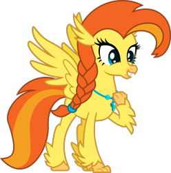 Size: 3587x3615 | Tagged: safe, artist:lightningbolt, imported from derpibooru, oc, oc only, oc:goldenflow, classical hippogriff, hippogriff, beak, braid, female, full body, grin, high res, show accurate, simple background, smiling, solo, spread wings, standing, tail, transparent background, two toned tail, wings