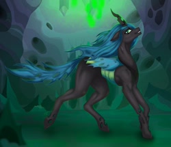 Size: 1280x1102 | Tagged: safe, artist:alicevoice, imported from derpibooru, queen chrysalis, changeling, changeling queen, changeling hive, digital art, female, flowing mane, glowing, glowing horn, green eyes, green mane, holes, horn, mare, signature, smiling, solo, teeth, walking, wings