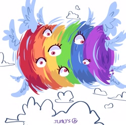 Size: 2048x2033 | Tagged: safe, artist:dmitrymemovznok, imported from derpibooru, rainbow dash, pegasus, pony, angel, biblically accurate angels, cloud, colored wings, female, mare, multicolored wings, multiple eyes, sky, solo, wings
