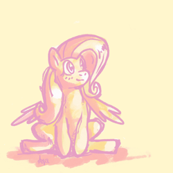 Size: 1280x1280 | Tagged: safe, artist:aquastal, imported from derpibooru, fluttershy, pegasus, pony, female, limited palette, looking away, looking up, mare, partially open wings, simple background, sitting, smiling, solo, wings, yellow background