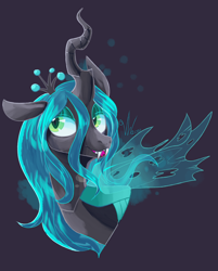 Size: 1728x2153 | Tagged: safe, artist:iirene, imported from derpibooru, queen chrysalis, changeling, changeling queen, bust, clothes, colored pupils, crown, cute, digital art, fangs, female, green eyes, green mane, horn, jewelry, lidded eyes, regalia, see-through, signature, simple background, solo, teeth, tongue out, wings