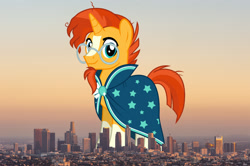 Size: 1280x852 | Tagged: safe, artist:cheezedoodle96, artist:thegiantponyfan, edit, imported from derpibooru, sunburst, pony, unicorn, california, cloak, clothes, giant pony, giant unicorn, glasses, highrise ponies, irl, looking at you, los angeles, macro, male, mega giant, photo, ponies in real life, smiling, solo, stallion, standing, sunburst's cloak