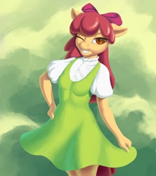 Size: 1064x1200 | Tagged: safe, artist:escapist, imported from derpibooru, apple bloom, anthro, earth pony, clothes, dress, grin, one eye closed, smiling, solo, wink