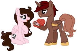 Size: 1280x854 | Tagged: safe, artist:lupulrafinat, imported from derpibooru, oc, oc only, alicorn, pony, alicorn oc, chocolate, colored wings, crying, eyelashes, female, food, holiday, hoof on chest, horn, male, mare, oc x oc, shipping, simple background, smiling, stallion, straight, tears of joy, transparent background, two toned wings, uns, valentine's day, wings