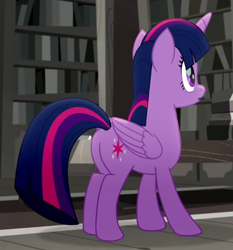 Size: 450x482 | Tagged: safe, imported from derpibooru, screencap, twilight sparkle, alicorn, rainbow roadtrip, bookshelf, butt, butt focus, cropped, plot, solo, twilight sparkle (alicorn)