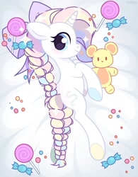 Size: 1000x1280 | Tagged: safe, artist:fenix-artist, imported from derpibooru, oc, oc only, pony, unicorn, body pillow, body pillow design, braid, candy, commission, eyelashes, female, food, horn, lollipop, mare, plushie, teddy bear, unicorn oc, ych result