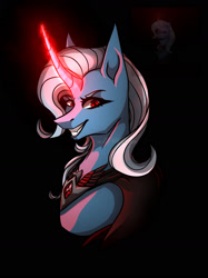 Size: 1280x1707 | Tagged: safe, artist:baradalilly, imported from derpibooru, trixie, pony, unicorn, alicorn amulet, black background, bust, curved horn, eyebrows, fangs, female, glowing, glowing horn, grin, horn, looking at you, magic, magic aura, mare, red eyes, signature, simple background, smiling, smiling at you, solo, watermark