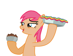 Size: 706x540 | Tagged: safe, artist:brushprism, artist:moonlightthegriffon, imported from derpibooru, tropical spring, earth pony, pony, base used, chocolate chips, female, food, mare, pie, rainbow pie, simple background, white background