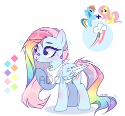 Size: 3127x2910 | Tagged: safe, artist:fenix-artist, imported from derpibooru, fluttershy, rainbow dash, oc, pegasus, pony, blood, colored wings, female, magical lesbian spawn, mare, multicolored hair, neckerchief, nosebleed, offspring, parent:fluttershy, parent:rainbow dash, parents:flutterdash, pegasus oc, rainbow hair, raised hoof, simple background, two toned wings, watermark, white background, wings