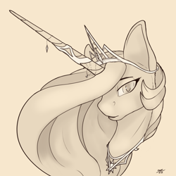 Size: 2160x2160 | Tagged: safe, artist:tenebrisnoctus, imported from derpibooru, princess celestia, alicorn, pony, bust, crown, female, hair over one eye, horn, horn jewelry, jewelry, mare, monochrome, portrait, regalia, signature, sketch, solo