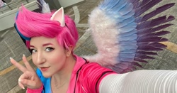 Size: 1080x566 | Tagged: safe, imported from derpibooru, zipp storm, human, pegasus, babscon, babscon 2022, clothes, cosplay, costume, g5, humanized, irl, irl human, peace sign, photo, solo, winged humanization, wings