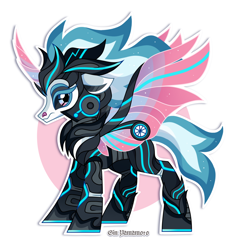 Size: 2150x2327 | Tagged: safe, artist:gkolae, imported from derpibooru, oc, oc only, alicorn, pony, abstract background, alicorn oc, armor, artificial wings, augmented, chest fluff, horn, mechanical wing, solo, wings