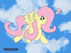 Size: 4167x3099 | Tagged: safe, artist:phosphorshy, imported from derpibooru, fluttershy, butterfly, pegasus, pony, cloud, flying, high res, signature, signed, sky, solo, spread wings, wings