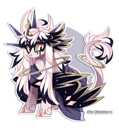 Size: 2187x2344 | Tagged: safe, artist:gkolae, imported from derpibooru, oc, oc only, pony, unicorn, abstract background, clothes, horn, jewelry, makeup, ring, running makeup, simple background, solo, tail, tail ring, unicorn oc, unshorn fetlocks, white background