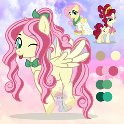 Size: 1100x1100 | Tagged: safe, artist:shiee-artopia223, imported from derpibooru, cherry jubilee, fluttershy, earth pony, pegasus, pony, :p, base used, bow, bowtie, clothes, eyelashes, female, fusion, hair bow, mare, one eye closed, tongue out, wink