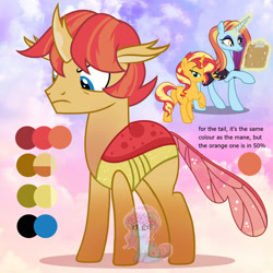 Size: 1280x1280 | Tagged: safe, artist:shiee-artopia223, imported from derpibooru, sassy saddles, sunset shimmer, changedling, changeling, pony, base used, bedroom eyes, clothes, eyelashes, female, frown, fusion, glowing, glowing horn, horn, magic, male, mare, smiling, stallion, telekinesis