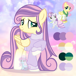 Size: 700x700 | Tagged: safe, artist:shiee-artopia223, imported from derpibooru, fluttershy, sweetie belle, pegasus, pony, unicorn, base used, clothes, dress, eyelashes, female, filly, foal, fusion, mare, raised hoof, smiling, sweater, wings