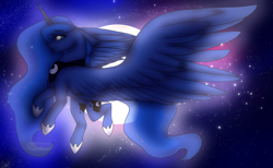 Size: 1300x800 | Tagged: safe, artist:rainfall-wonder, imported from derpibooru, princess luna, alicorn, pony, backlighting, ethereal mane, ethereal tail, female, flying, full moon, mare, moon, night, sky, solo, spread wings, stars, tail, wings