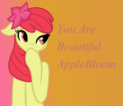 Size: 1000x862 | Tagged: safe, artist:felixaimeegarcia, imported from derpibooru, apple bloom, earth pony, pony, female, filly, flower, foal, hoof over mouth, smiling, solo, text