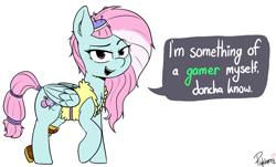 Size: 1843x1110 | Tagged: safe, artist:pinkberry, imported from derpibooru, kerfuffle, pegasus, pony, rainbow roadtrip, female, gamer, mare, simple background, solo, speech, talking, text, white background