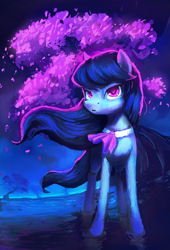Size: 3000x4400 | Tagged: safe, artist:terrafomer, imported from derpibooru, octavia melody, earth pony, pony, cherry blossoms, female, flower, flower blossom, limited palette, mare, puddle, solo, tree, water, windswept mane