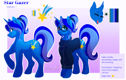 Size: 2700x1717 | Tagged: safe, artist:narci, imported from derpibooru, oc, oc only, oc:star gazer, pony, unicorn, clothes, looking at you, reference sheet, solo, standing, sweater