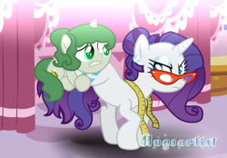 Size: 1280x891 | Tagged: safe, artist:hugsartist, imported from derpibooru, rarity, oc, oc:geode, dracony, dragon, hybrid, pony, unicorn, carousel boutique, female, filly, foal, glasses, holding, hug, interspecies offspring, leg hug, measuring tape, mother and child, mother and daughter, offspring, parent:rarity, parent:spike, parents:sparity