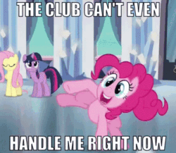 Size: 450x390 | Tagged: safe, edit, edited screencap, imported from derpibooru, screencap, fluttershy, pinkie pie, twilight sparkle, earth pony, pegasus, pony, unicorn, games ponies play, animated, caption, cropped, crystal castle, dancing, female, image macro, impact font, meme, text, the club can't even handle me right now, unicorn twilight