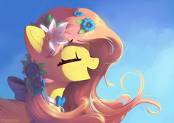 Size: 7016x4961 | Tagged: safe, artist:freeedon, imported from derpibooru, fluttershy, pegasus, pony, absurd file size, absurd resolution, bow, bowtie, converted, cute, eyes closed, female, flower, flower in hair, happy, mare, open mouth, profile, shyabetes, smiling, solo, too big for derpibooru