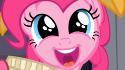 Size: 1000x563 | Tagged: safe, imported from derpibooru, screencap, chancellor puddinghead, pinkie pie, earth pony, pony, hearth's warming eve (episode), brilliant face, close-up, cute, diapinkes, excited, female, happy, looking at you, mare, open mouth, reaction image, solo