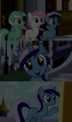 Size: 1280x2160 | Tagged: safe, edit, edited screencap, editor:jerryakiraclassics19, imported from twibooru, screencap, lyra heartstrings, minuette, twinkleshine, pony, unicorn, a canterlot wedding, amending fences, '90s, background pony, female, image, looking at you, mare, open mouth, png