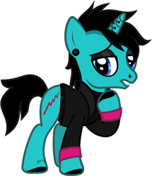 Size: 956x1112 | Tagged: safe, artist:lightningbolt, derpibooru exclusive, imported from derpibooru, pony, unicorn, .svg available, as it is, clothes, ear piercing, earring, eyeliner, eyeshadow, hoof on chest, hoof polish, horn, horn piercing, jacket, jewelry, lidded eyes, lip bite, looking at you, makeup, male, nose piercing, painted horn, patty walters, piercing, ponified, raised hoof, shirt, solo, stallion, svg, tattoo, undershirt, vector