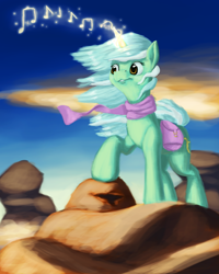 Size: 3000x3746 | Tagged: safe, artist:terrafomer, imported from derpibooru, lyra heartstrings, pony, unicorn, clothes, female, glowing, glowing horn, horn, magic, mare, music notes, rock, scarf, smiling, solo, windswept mane