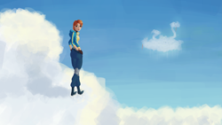 Size: 4551x2560 | Tagged: safe, artist:terrafomer, imported from derpibooru, spitfire, human, boots, clothes, cloud, cloudsdale, female, goggles, hairpin, hooded leotard, humanized, looking at you, looking back, looking back at you, on a cloud, pants, shoes, sky, smiling, solo, standing on a cloud, uniform, wonderbolts uniform
