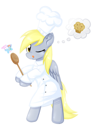 Size: 1578x2107 | Tagged: safe, artist:rainbow eevee, imported from derpibooru, derpy hooves, pegasus, pony, baker, bipedal, chef, chef's hat, cute, derpabetes, eyelashes, female, folded wings, food, hat, muffin, one eye closed, simple background, solo, spoon, standing, thought bubble, tongue out, transparent background, vector, wings, wooden spoon, yellow hair