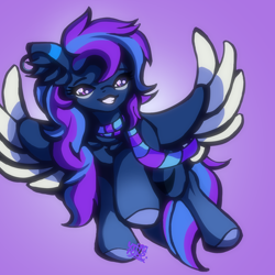 Size: 3000x3000 | Tagged: safe, artist:umbrapone, imported from derpibooru, oc, oc only, oc:sylvie, pegasus, pony, blue mane, blue tail, cel shading, chest fluff, clothes, ear fluff, earpiece, flying, hooves, long mane, markings, pegasus oc, purple eyes, purple mane, purple tail, scarf, shading, simple background, smiling, solo, striped mane, striped scarf, tail, teeth