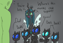 Size: 1565x1080 | Tagged: safe, artist:happy harvey, imported from derpibooru, queen chrysalis, oc, oc:anon, changeling, changeling queen, human, nymph, pony, angry, child support, colt, dialogue, drawthread, eeee, excited, father, father and child, female, filly, foal, happy, male, mother, mother and child, phone drawing, ponified, pregnant, sweat, sweatdrop, this ended in child support, you dun goofed