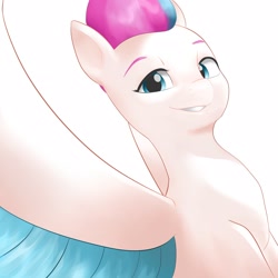 Size: 1600x1600 | Tagged: safe, artist:pascal571, imported from derpibooru, zipp storm, pegasus, pony, colored wings, eyebrows, female, g5, grin, looking at you, mare, simple background, smiling, smiling at you, solo, spread wings, white background, wings