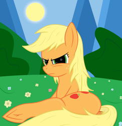 Size: 2448x2520 | Tagged: source needed, safe, artist:rugalack moonstar, imported from derpibooru, applejack, earth pony, pony, butt, female, flower, glare, looking at you, mare, missing accessory, plot, simple background, solo